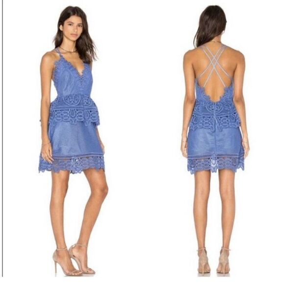 Self-Portrait Lace Peplum Mini Dress Blue Plunging Neck Strappy Back Women’s - 4 - Picture 1 of 12